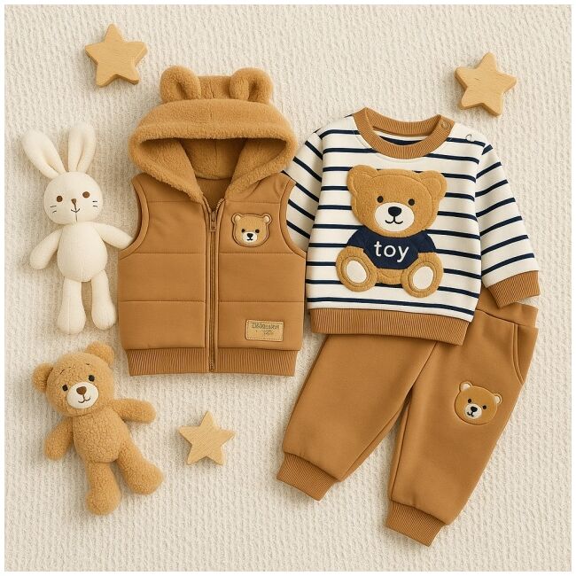 Set bebelusi cu ursulet cu vesta si hanorac – 3 piese trmdk6080