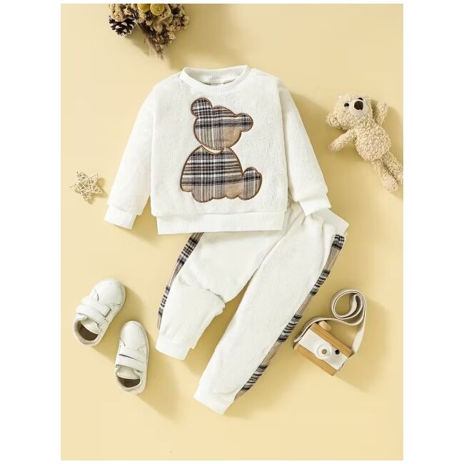 Set bebelusi cu ursulet si detalii in carouri – bluza + pantaloni, moale si calduros mbtu138