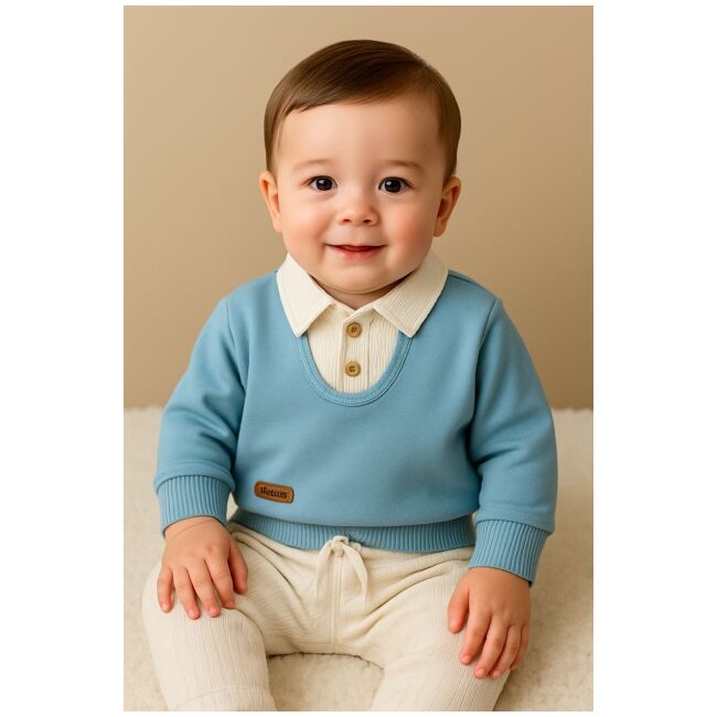 Set bebelusi elegant bleu cu camasa integrata si pantaloni crem trmbm0775