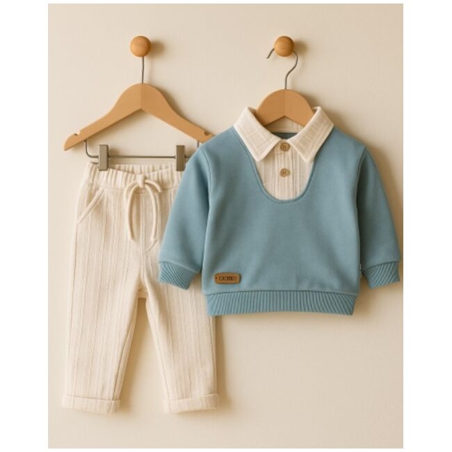 Set bebelusi elegant bleu cu camasa integrata si pantaloni crem trmbm0775