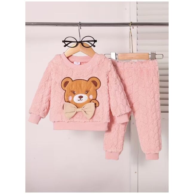 Set pufos bebelusi roz cu ursulet si fundita – bluza si pantaloni, calduros pentru sezonul rece mbtu137