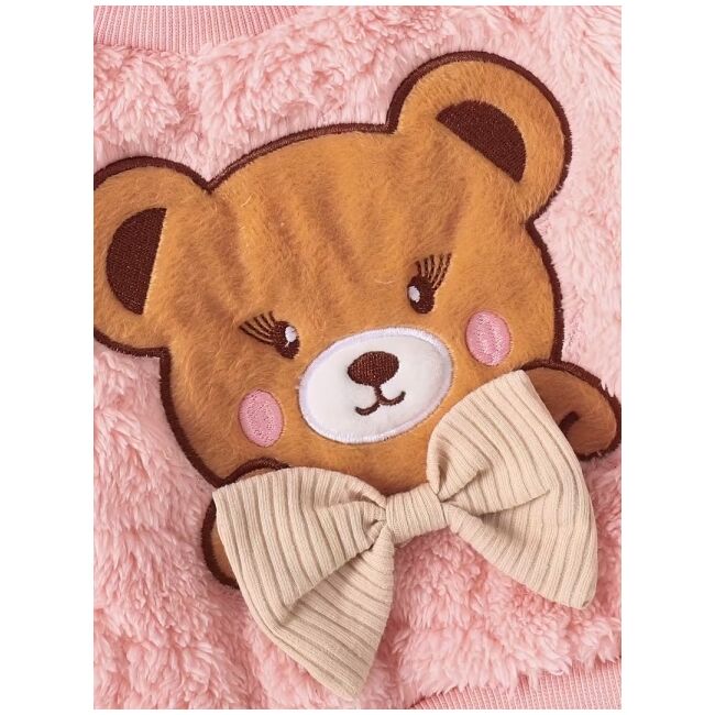 Set pufos bebelusi roz cu ursulet si fundita – bluza si pantaloni, calduros pentru sezonul rece mbtu137