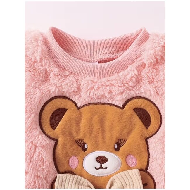 Set pufos bebelusi roz cu ursulet si fundita – bluza si pantaloni, calduros pentru sezonul rece mbtu137