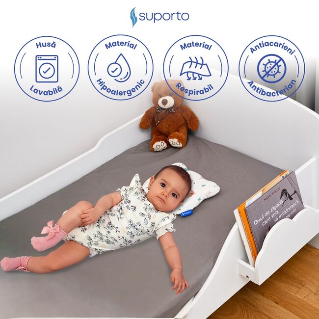 Perna Bebelus Suporto Ursulet, 0-12 luni, Impotriva Plagiocefaliei, pentru Formarea Capului la Nou Nascuti, Ortopedica si Hipoalergenica din Spuma cu Memorie, Husa Bumbac 100%, Alba, Model cu Dinozauri SPTPBE2DINO
