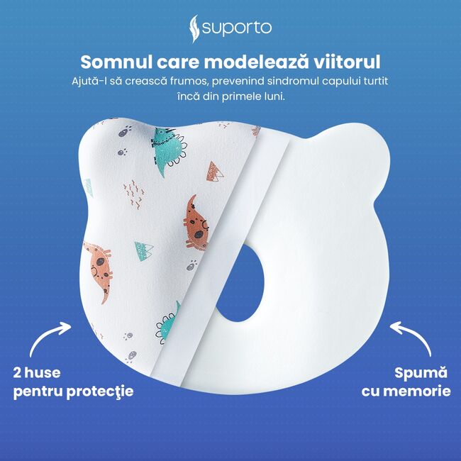 Perna Bebelus Suporto Ursulet, 0-12 luni, Impotriva Plagiocefaliei, pentru Formarea Capului la Nou Nascuti, Ortopedica si Hipoalergenica din Spuma cu Memorie, Husa Bumbac 100%, Alba, Model cu Dinozauri SPTPBE2DINO