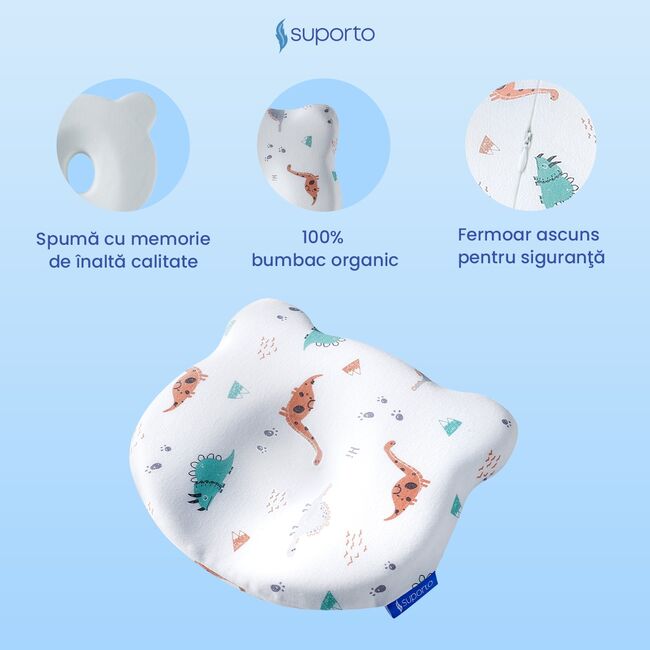 Perna Bebelus Suporto Ursulet, 0-12 luni, Impotriva Plagiocefaliei, pentru Formarea Capului la Nou Nascuti, Ortopedica si Hipoalergenica din Spuma cu Memorie, Husa Bumbac 100%, Alba, Model cu Dinozauri SPTPBE2DINO