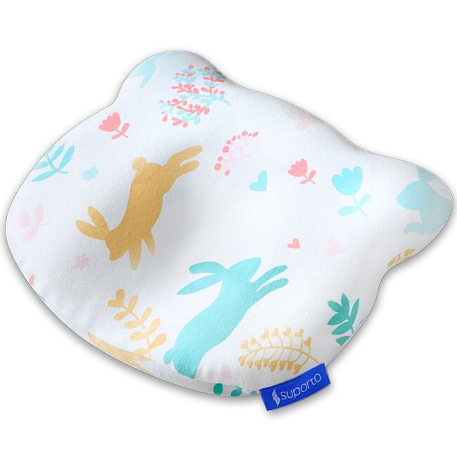 Perna Bebelus Suporto Ursulet, 0-12 luni, Impotriva Plagiocefaliei, pentru Formarea Capului la Nou Nascuti, Ortopedica si Hipoalergenica din Spuma cu Memorie, Husa Bumbac 100%, Alba, Model cu Iepurasi SPTPBE2ALB