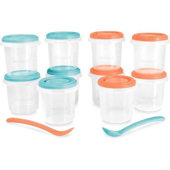 Set 10 recipiente ermetice gradate cu 2 lingurite Miniland Mediteranean 200 ml TNA89565