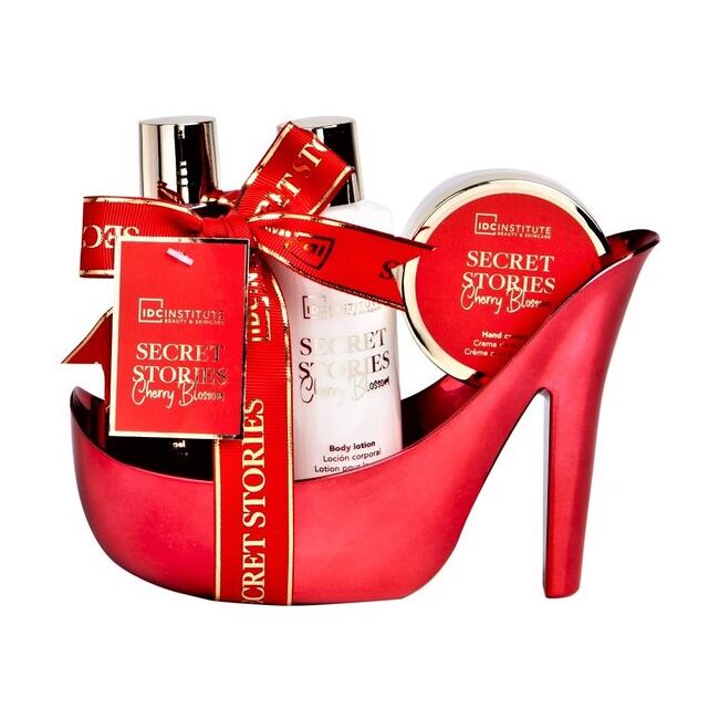 Set gel dus, lotiune corp si crema maini Secret Stories Cherry Blosom Shoe, IDC Institute 44019, 410 ml