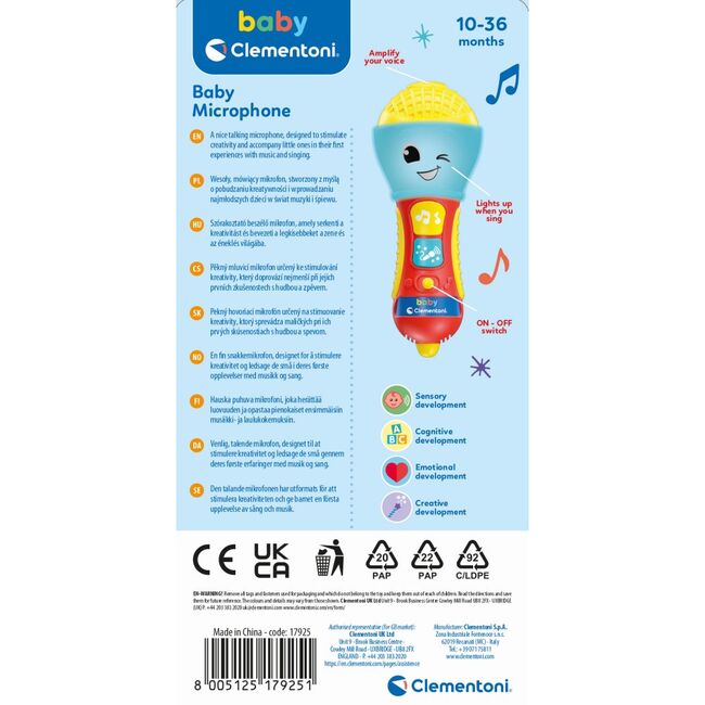 Clementoni - Jucarie interactiva microfon muzical pentru dezvoltarea multisenzoriala ARTCL17925