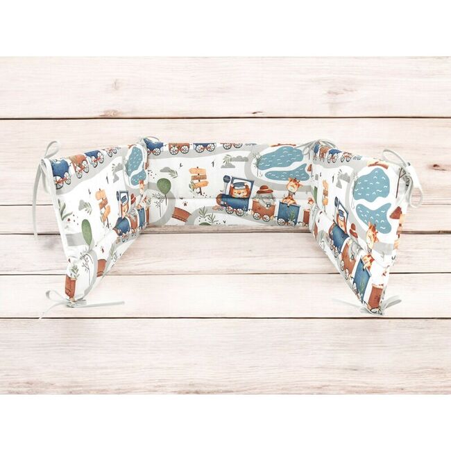 Aparatoare pentru patut, MimiNu, Din bumbac certificat Oeko Tex Standard 100, 180x30 cm, Cu panglici, Design, Zoo in train BYN6426972029315
