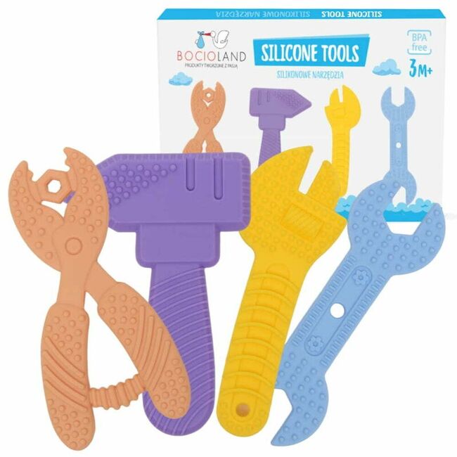 Jucarie de dentitie, Bocioland, In forma de unelte,4 piese, BPA Free, 0 luni+, Multicolor BYNBL244