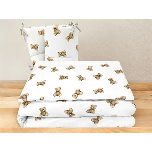 Lenjerie patut 3 piese, Qmini, Pentru patut 120x60 cm, Cu protectie laterala, Din bumbac certificat Oeko Tex Standard 100, Teddy Toys BYN6426972029568