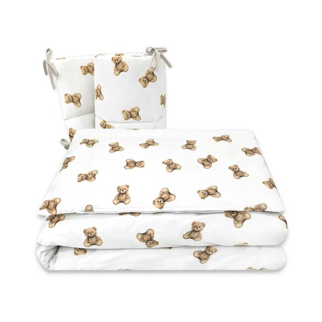 Lenjerie patut 3 piese, Qmini, Pentru patut 120x60 cm, Cu protectie laterala, Din bumbac certificat Oeko Tex Standard 100, Teddy Toys BYN6426972029568