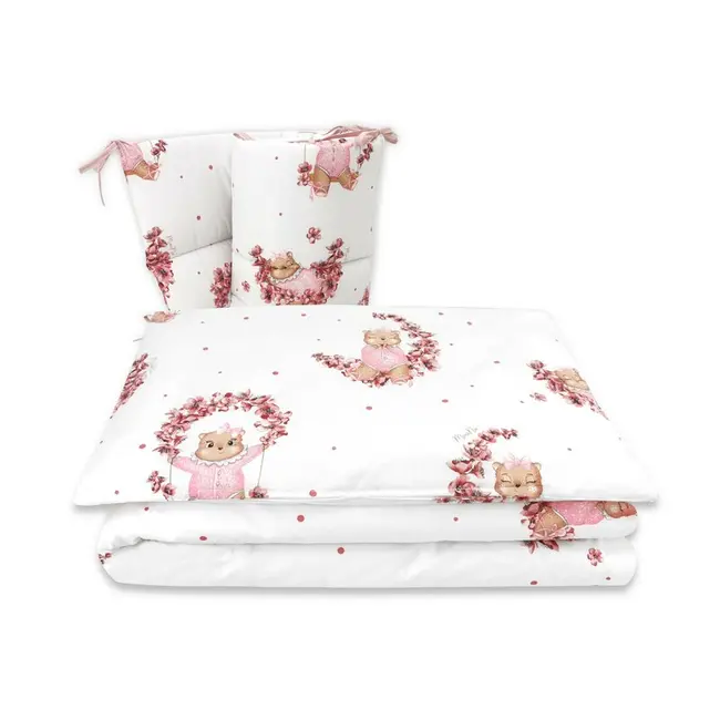 Lenjerie patut cu 3 piese, MimiNu, Pentru patut 120x60 cm, Cu protectie laterala, Din bumbac, Din bumbac certificat Oeko Tex Standard 100, Design, Betty BYN6426972029391