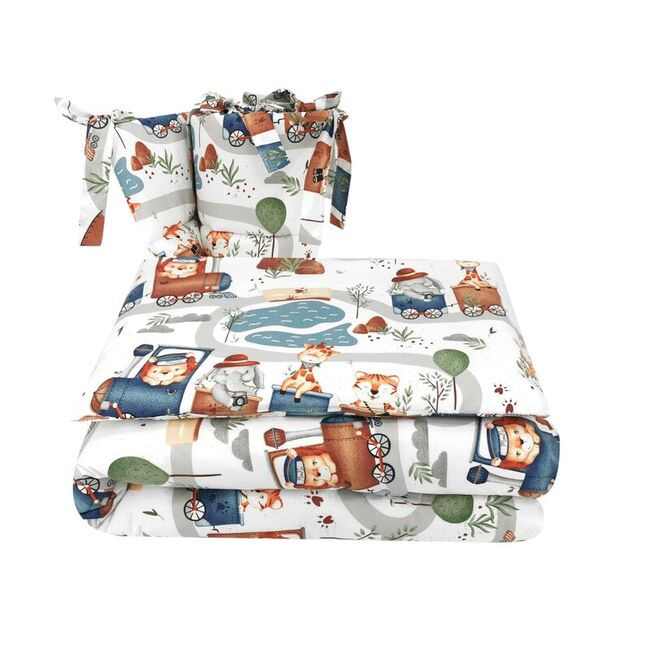 Lenjerie patut cu 3 piese, MimiNu, Pentru patut 120x60 cm, Cu protectie laterala, Din bumbac, Din bumbac certificat Oeko Tex Standard 100, Design, Zoo in train BYN6426972029339