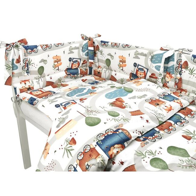Lenjerie patut cu 3 piese, MimiNu, Pentru patut 120x60 cm, Cu protectie laterala, Din bumbac, Din bumbac certificat Oeko Tex Standard 100, Design, Zoo in train BYN6426972029339
