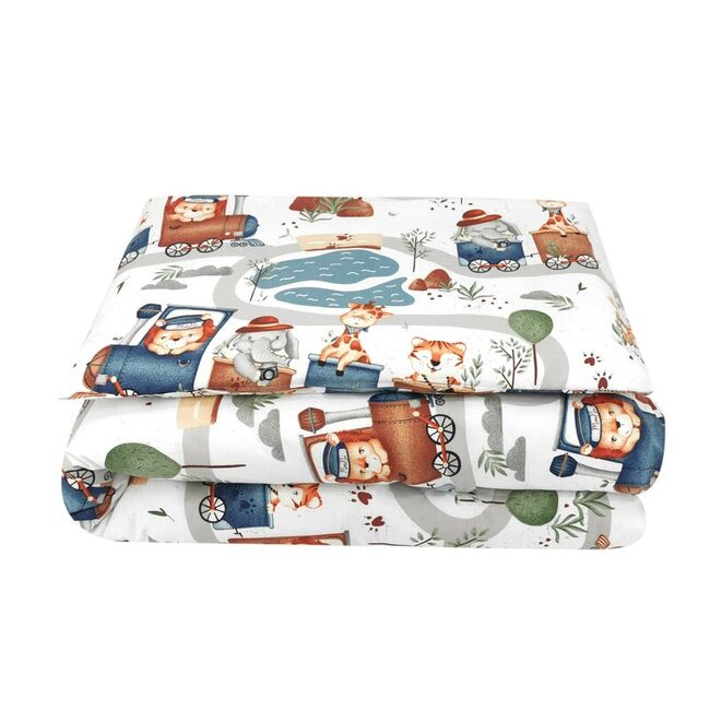 Lenjerie patut cu 3 piese, MimiNu, Pentru patut 120x60 cm, Cu protectie laterala, Din bumbac, Din bumbac certificat Oeko Tex Standard 100, Design, Zoo in train BYN6426972029339