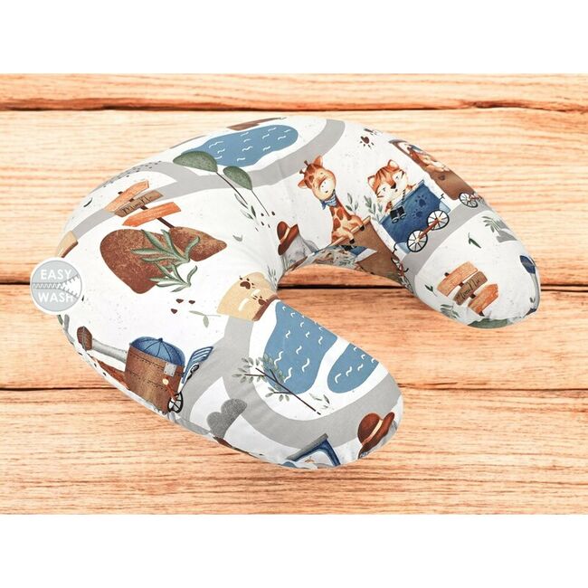 Perna pentru alaptat, MimiNu, Din bumbac certificat Oeko Tex Standard 100, Cu husa detasabila, Cu fermoar securizat, Circumferinta 155 cm, Design, Zoo in train BYN6426972029292