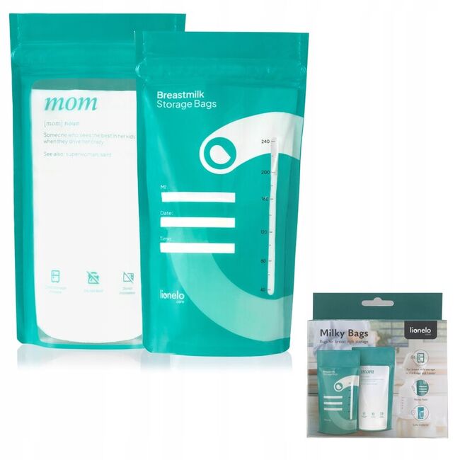 Pungi pentru stocare lapte, Lionelo, 30 buc, Fara BPA, 240 ml, Gradate, Rezistente la congelare si incalzire pana la 70 grade, Transparent/ Multicolor BYNLOC-MILKY_BAGS