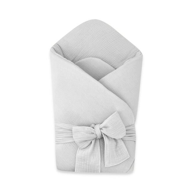 Paturica de infasat, Qmini, Din muselina dubla, Cu inchidere cu panglica, Dimensiune 75x75 cm, Din material certificat Oeko Tex Standard 100, Gray BYN6426972029728