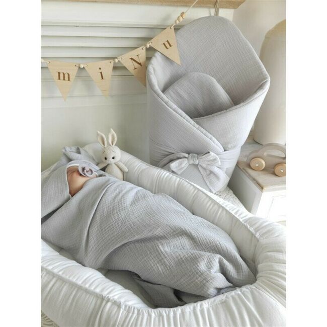 Paturica de infasat, Qmini, Din muselina dubla, Cu inchidere cu panglica, Dimensiune 75x75 cm, Din material certificat Oeko Tex Standard 100, Gray BYN6426972029728