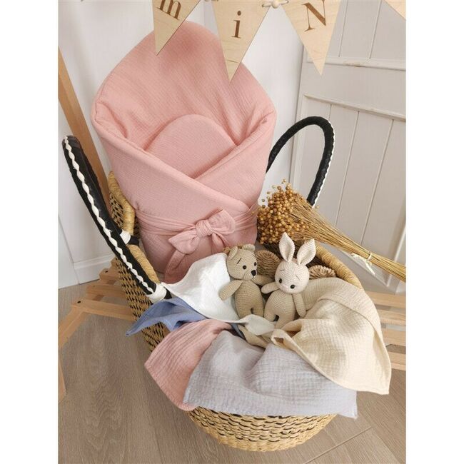 Paturica de infasat, Qmini, Din muselina dubla, Cu inchidere cu panglica, Dimensiune 75x75 cm, Din material certificat Oeko Tex Standard 100, Powder Pink BYN6426972029759