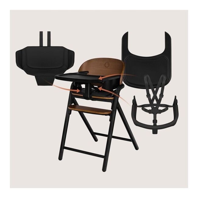 Scaun de masa multifunctional Celia, Lionelo, Din lemn de fag, 6 luni- adult, Reglabil pe inaltime, Husa impermeabila, Tavita silicon, Suport de picioare reglabil, Greutate maxima 90 Kg, Negru BYNLO-CELIA_BLACK_WOOD