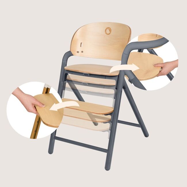 Scaun de masa multifunctional Celia, Lionelo, Din lemn de fag, 6 luni- adult, Reglabil pe inaltime, Spatar lat, Sezut ergonomic, Tavita silicon, Suport de picioare reglabil, Greutate maxima 90 Kg, Gri BYNLO-CELIA_GREY_WOOD