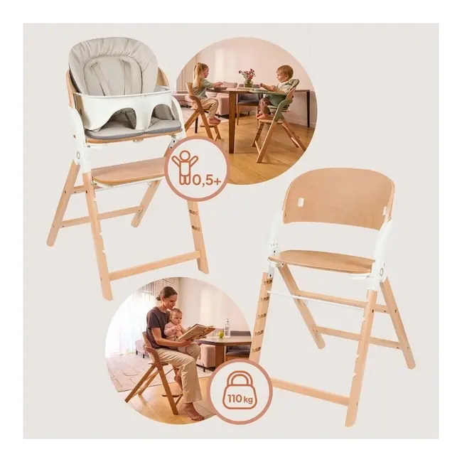 Scaun de masa multifunctional Megan, Lionelo, Din lemn de fag, 6 luni- adult, Reglabil pe inaltime, Husa impermeabila, Tavita silicon, Suport de picioare reglabil, Greutate maxima 110 Kg, Alb/Natur BYNLO-MEGAN_WHITE_NATURAL_WOOD