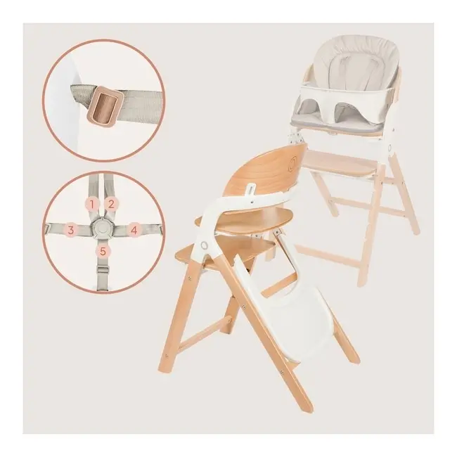 Scaun de masa multifunctional Megan, Lionelo, Din lemn de fag, 6 luni- adult, Reglabil pe inaltime, Husa impermeabila, Tavita silicon, Suport de picioare reglabil, Greutate maxima 110 Kg, Alb/Natur BYNLO-MEGAN_WHITE_NATURAL_WOOD