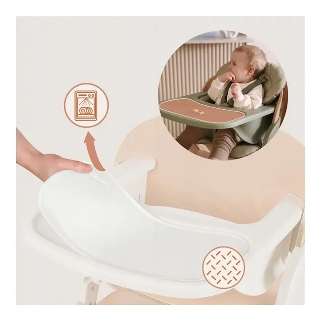 Scaun de masa multifunctional Megan, Lionelo, Din lemn de fag, 6 luni- adult, Reglabil pe inaltime, Husa impermeabila, Tavita silicon, Suport de picioare reglabil, Greutate maxima 110 Kg, Alb/Natur BYNLO-MEGAN_WHITE_NATURAL_WOOD