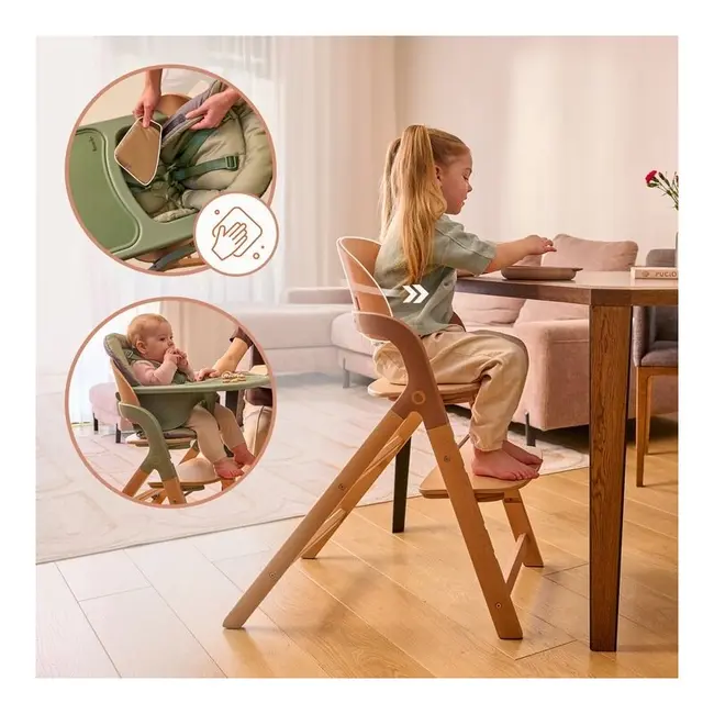 Scaun de masa multifunctional Megan, Lionelo, Din lemn de fag, 6 luni- adult, Reglabil pe inaltime, Husa impermeabila, Tavita silicon, Suport de picioare reglabil, Greutate maxima 110 Kg, Gri BYNLO-MEGAN_GREY_WOOD