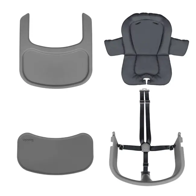 Scaun de masa multifunctional Megan, Lionelo, Din lemn de fag, 6 luni- adult, Reglabil pe inaltime, Husa impermeabila, Tavita silicon, Suport de picioare reglabil, Greutate maxima 110 Kg, Gri BYNLO-MEGAN_GREY_WOOD