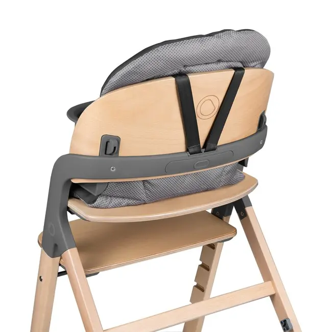 Scaun de masa multifunctional Megan, Lionelo, Din lemn de fag, 6 luni- adult, Reglabil pe inaltime, Husa impermeabila, Tavita silicon, Suport de picioare reglabil, Greutate maxima 110 Kg, Gri BYNLO-MEGAN_GREY_WOOD