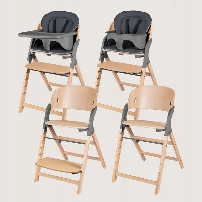 Scaun de masa multifunctional Megan, Lionelo, Din lemn de fag, 6 luni- adult, Reglabil pe inaltime, Husa impermeabila, Tavita silicon, Suport de picioare reglabil, Greutate maxima 110 Kg, Gri BYNLO-MEGAN_GREY_WOOD
