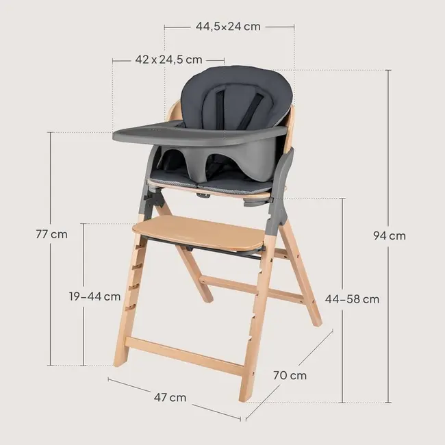Scaun de masa multifunctional Megan, Lionelo, Din lemn de fag, 6 luni- adult, Reglabil pe inaltime, Husa impermeabila, Tavita silicon, Suport de picioare reglabil, Greutate maxima 110 Kg, Gri BYNLO-MEGAN_GREY_WOOD