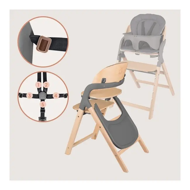 Scaun de masa multifunctional Megan, Lionelo, Din lemn de fag, 6 luni- adult, Reglabil pe inaltime, Husa impermeabila, Tavita silicon, Suport de picioare reglabil, Greutate maxima 110 Kg, Gri BYNLO-MEGAN_GREY_WOOD