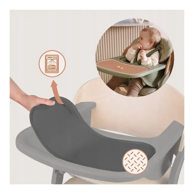 Scaun de masa multifunctional Megan, Lionelo, Din lemn de fag, 6 luni- adult, Reglabil pe inaltime, Husa impermeabila, Tavita silicon, Suport de picioare reglabil, Greutate maxima 110 Kg, Gri BYNLO-MEGAN_GREY_WOOD