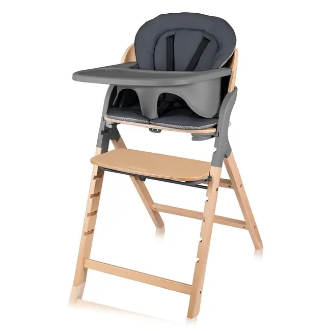 Scaun de masa multifunctional Megan, Lionelo, Din lemn de fag, 6 luni- adult, Reglabil pe inaltime, Husa impermeabila, Tavita silicon, Suport de picioare reglabil, Greutate maxima 110 Kg, Gri BYNLO-MEGAN_GREY_WOOD
