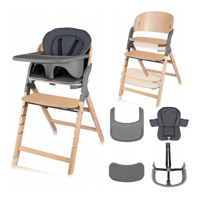Scaun de masa multifunctional Megan, Lionelo, Din lemn de fag, 6 luni- adult, Reglabil pe inaltime, Husa impermeabila, Tavita silicon, Suport de picioare reglabil, Greutate maxima 110 Kg, Gri BYNLO-MEGAN_GREY_WOOD