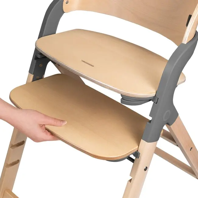 Scaun de masa multifunctional Megan, Lionelo, Din lemn de fag, 6 luni- adult, Reglabil pe inaltime, Husa impermeabila, Tavita silicon, Suport de picioare reglabil, Greutate maxima 110 Kg, Gri BYNLO-MEGAN_GREY_WOOD