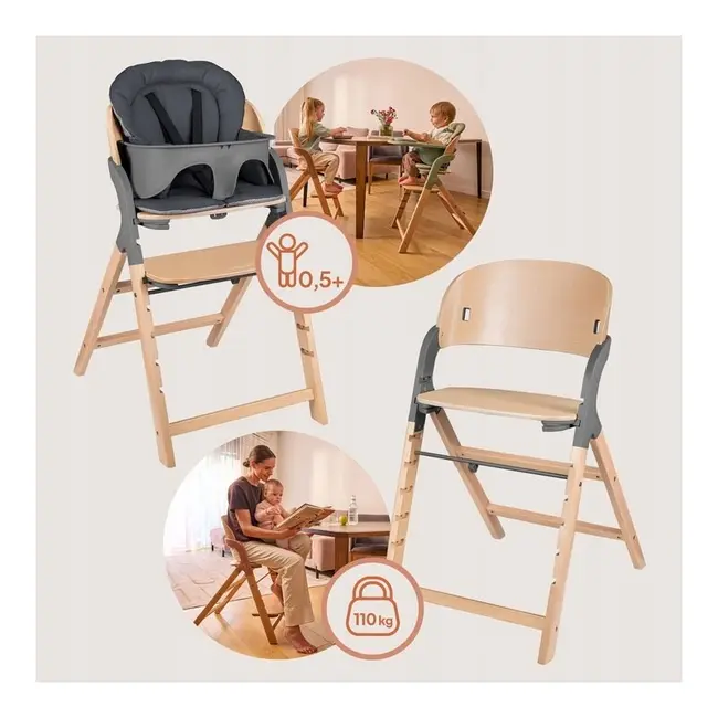 Scaun de masa multifunctional Megan, Lionelo, Din lemn de fag, 6 luni- adult, Reglabil pe inaltime, Husa impermeabila, Tavita silicon, Suport de picioare reglabil, Greutate maxima 110 Kg, Gri BYNLO-MEGAN_GREY_WOOD