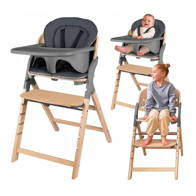 Scaun de masa multifunctional Megan, Lionelo, Din lemn de fag, 6 luni- adult, Reglabil pe inaltime, Husa impermeabila, Tavita silicon, Suport de picioare reglabil, Greutate maxima 110 Kg, Gri BYNLO-MEGAN_GREY_WOOD