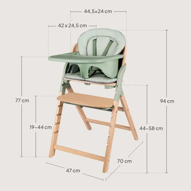 Scaun de masa multifunctional Megan, Lionelo, Din lemn de fag, 6 luni- adult, Reglabil pe inaltime, Husa impermeabila, Tavita silicon, Suport de picioare reglabil, Greutate maxima 110 Kg, Verde BYNLO-MEGAN_GREEN_WOOD