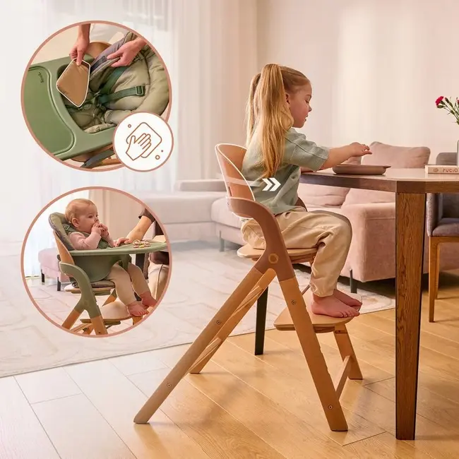 Scaun de masa multifunctional Megan, Lionelo, Din lemn de fag, 6 luni- adult, Reglabil pe inaltime, Husa impermeabila, Tavita silicon, Suport de picioare reglabil, Greutate maxima 110 Kg, Verde BYNLO-MEGAN_GREEN_WOOD
