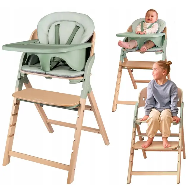 Scaun de masa multifunctional Megan, Lionelo, Din lemn de fag, 6 luni- adult, Reglabil pe inaltime, Husa impermeabila, Tavita silicon, Suport de picioare reglabil, Greutate maxima 110 Kg, Verde BYNLO-MEGAN_GREEN_WOOD