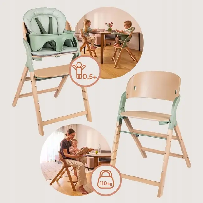 Scaun de masa multifunctional Megan, Lionelo, Din lemn de fag, 6 luni- adult, Reglabil pe inaltime, Husa impermeabila, Tavita silicon, Suport de picioare reglabil, Greutate maxima 110 Kg, Verde BYNLO-MEGAN_GREEN_WOOD