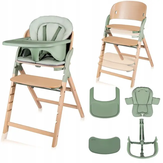 Scaun de masa multifunctional Megan, Lionelo, Din lemn de fag, 6 luni- adult, Reglabil pe inaltime, Husa impermeabila, Tavita silicon, Suport de picioare reglabil, Greutate maxima 110 Kg, Verde BYNLO-MEGAN_GREEN_WOOD