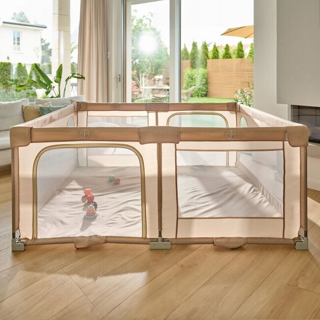 Tarc de joaca copii, Lionelo, Florence Easy Fold, 150 x 180 x 75 cm, Pliere, depliere automata, Include geanta de transport, Din plasa, Cu doua intrari laterale, 0-48 luni, Conform cu EN12227, Bej BYNLO-FLORENCE_EASY_FOLD_BEIGE_SAND